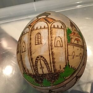 Pyrography Designed Egg Shape-Flower & Castle Design Unique-Home Decor Art